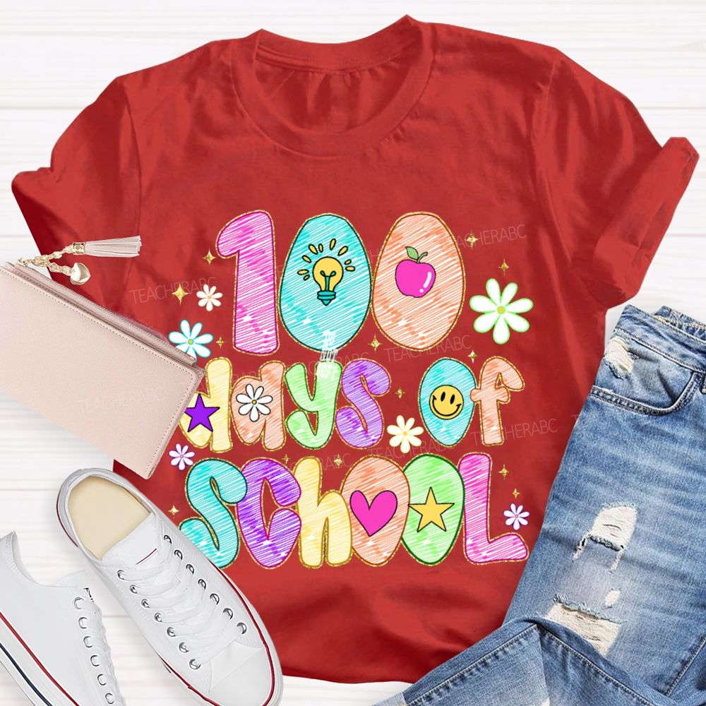 100 Days Of School Colorful Patterned Printed Fonts T-shirt