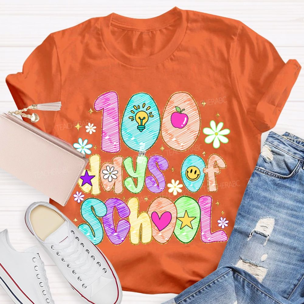 100 Days Of School Colorful Patterned Printed Fonts T-shirt
