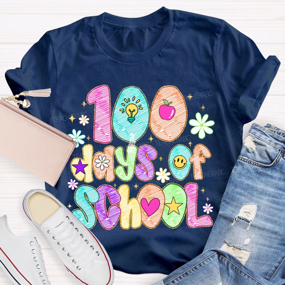 100 Days Of School Colorful Patterned Printed Fonts T-shirt