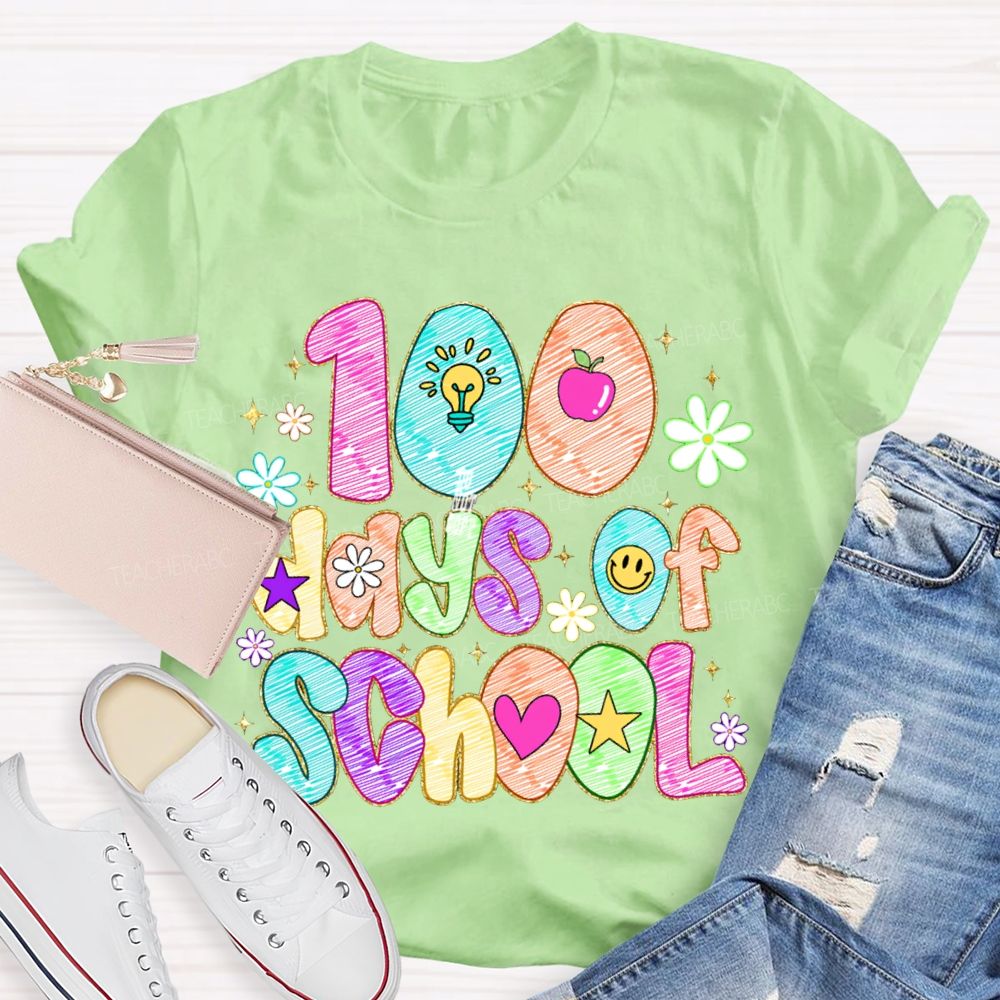 100 Days Of School Colorful Patterned Printed Fonts T-shirt