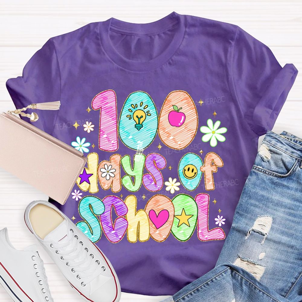 100 Days Of School Colorful Patterned Printed Fonts T-shirt