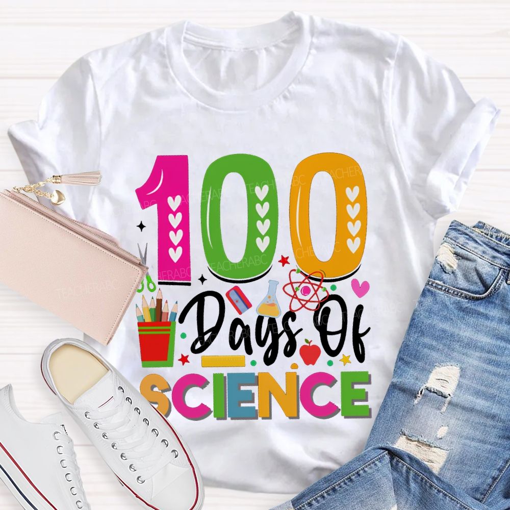 100 Days Of Science Colorful Heart Font T-shirt