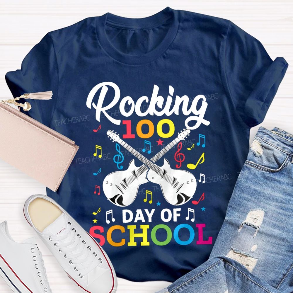Rocking 100 Day Of School And A Guitar Music Teacher T-shirt