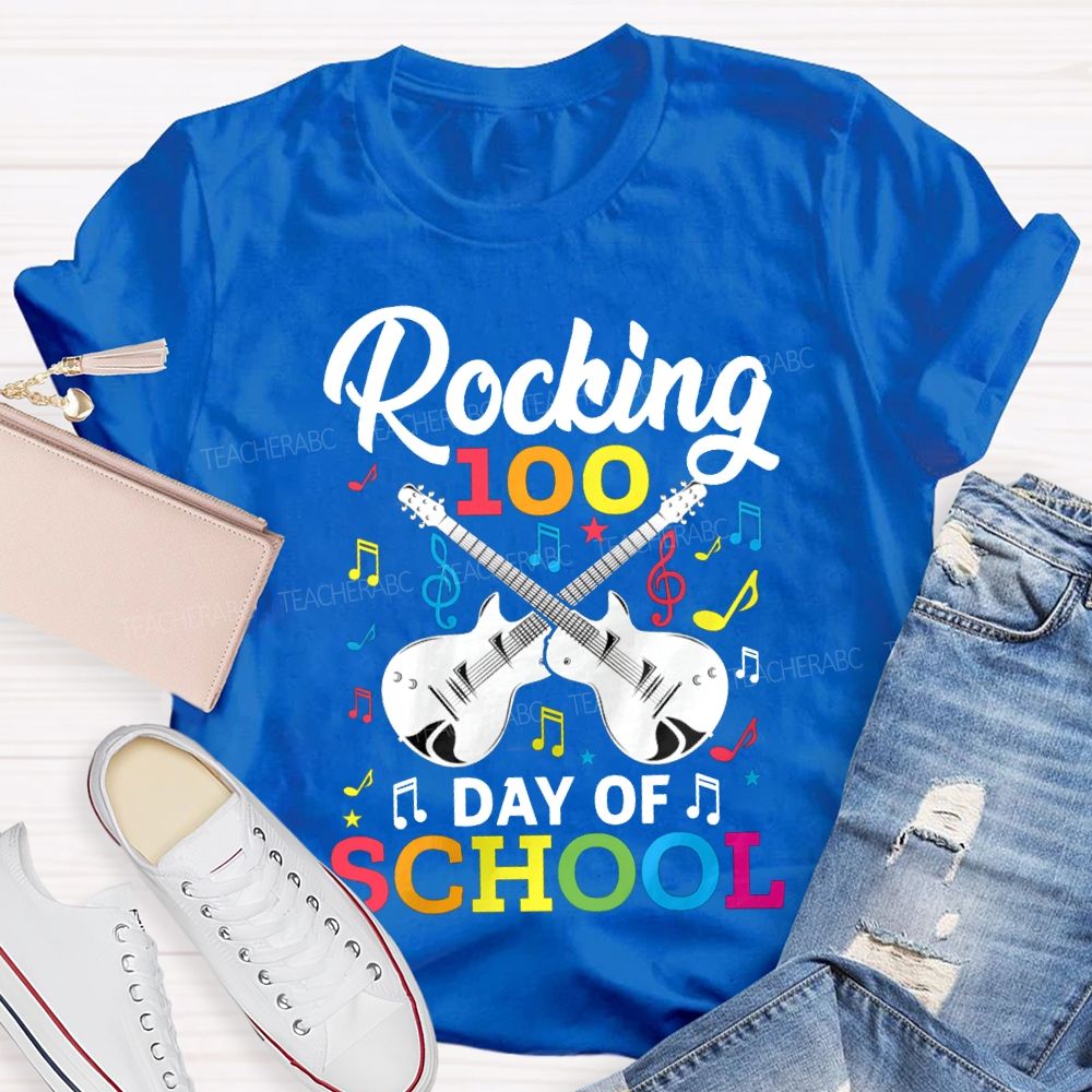 Rocking 100 Day Of School And A Guitar Music Teacher T-shirt