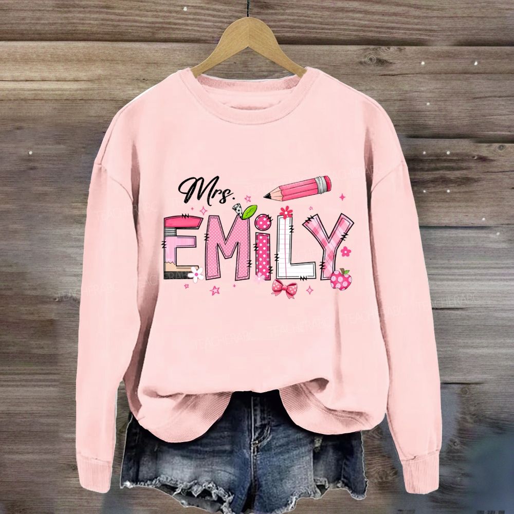 Personalized Name Pink Bow And Pencil Sweatshirt