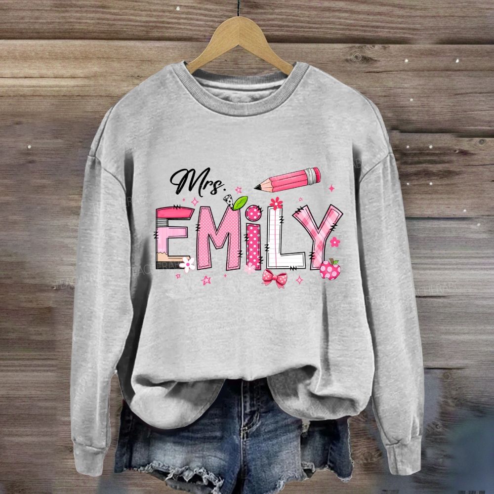 Personalized Name Pink Bow And Pencil Sweatshirt