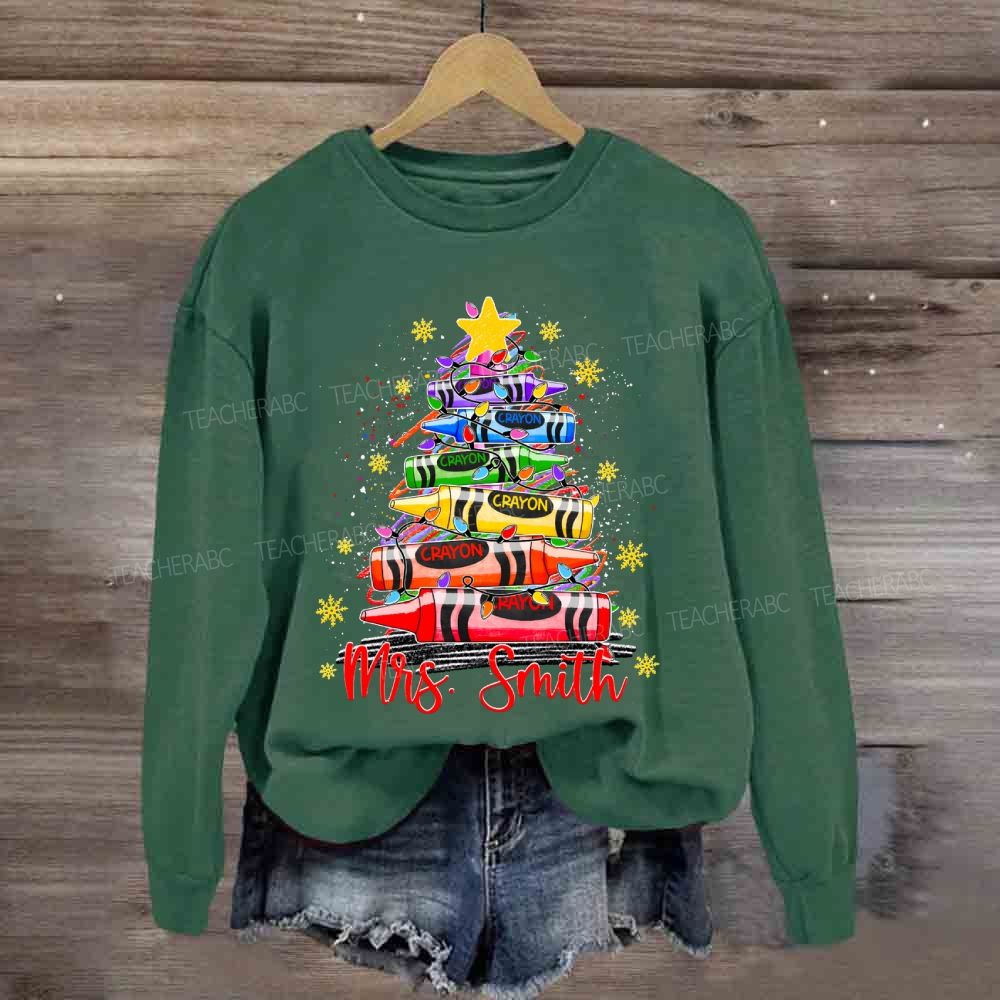Personalized Name Colored Crayon Christmas Tree And Snowflake Christmas Sweatshirt