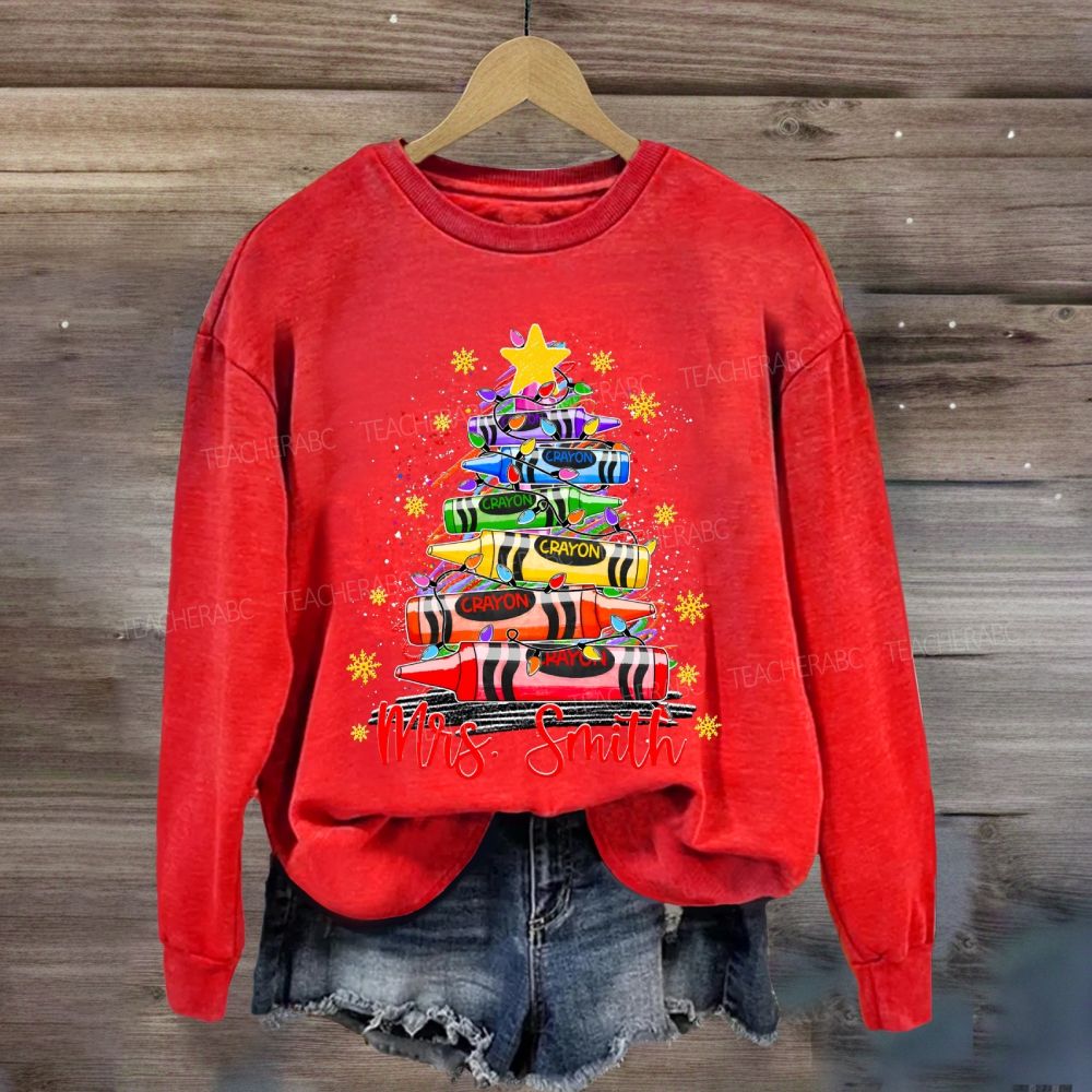 Personalized Name Colored Crayon Christmas Tree And Snowflake Christmas Sweatshirt