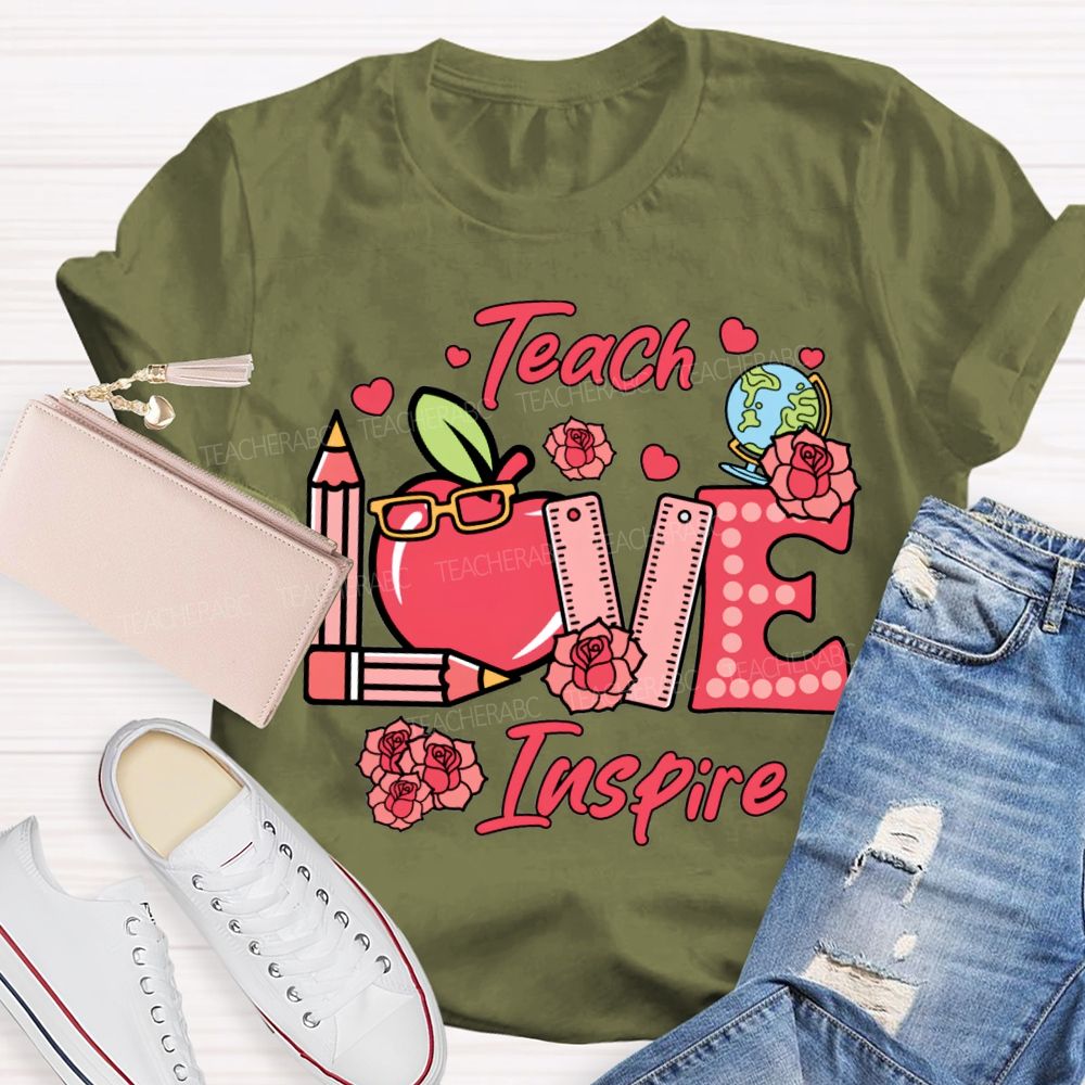 Teach Love Inspire Apple Pencil And Rose T-shirt