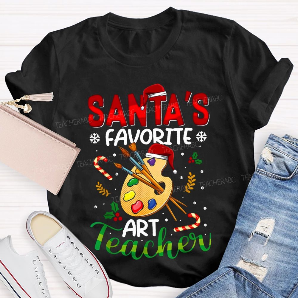 Santa'S Favorite Art Teacher Christmas Hats And Dyeing Trays T-shirt