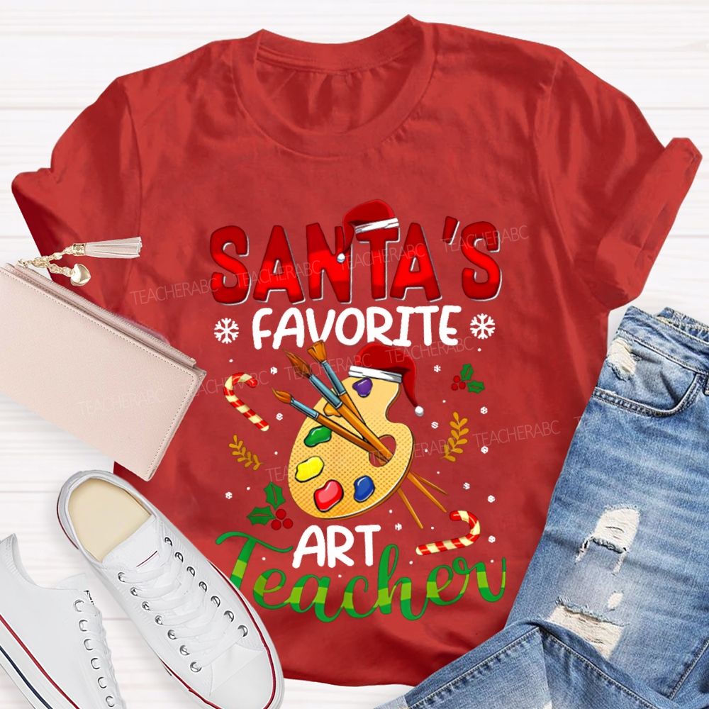 Santa'S Favorite Art Teacher Christmas Hats And Dyeing Trays T-shirt