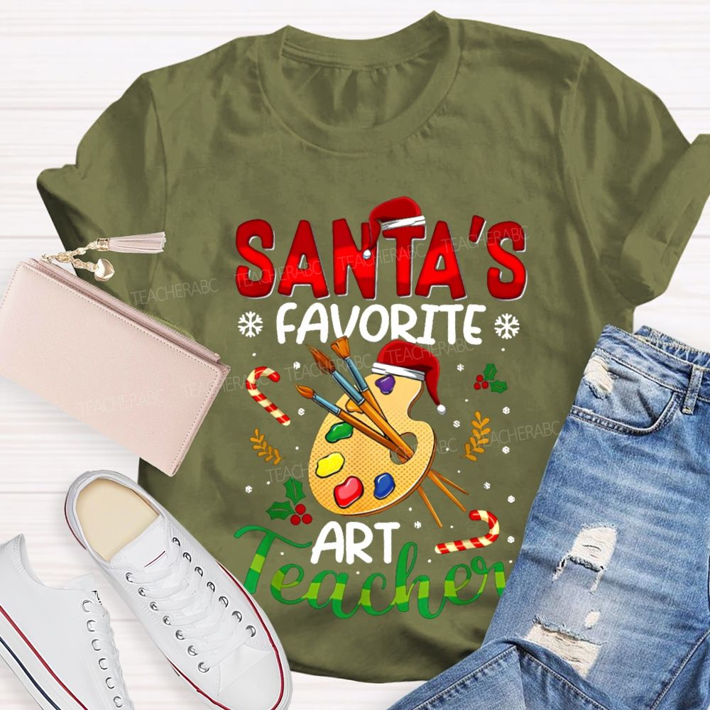 Santa'S Favorite Art Teacher Christmas Hats And Dyeing Trays T-shirt
