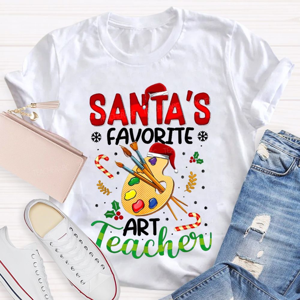 Santa'S Favorite Art Teacher Christmas Hats And Dyeing Trays T-shirt