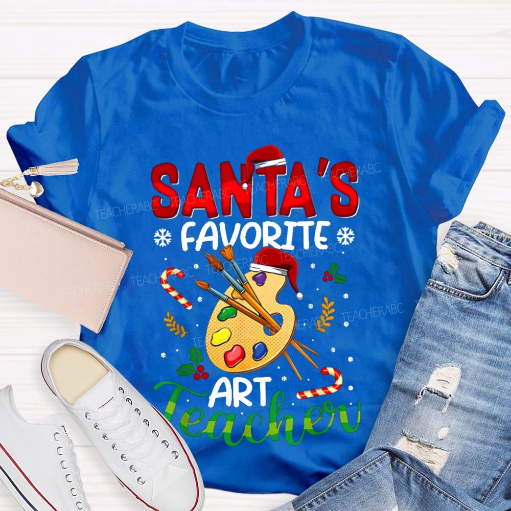 Santa'S Favorite Art Teacher Christmas Hats And Dyeing Trays T-shirt