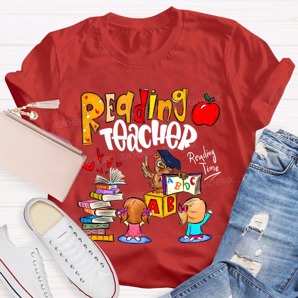 Reading Teacher Reading Time Colorful Book Prints And Apples T-shirt