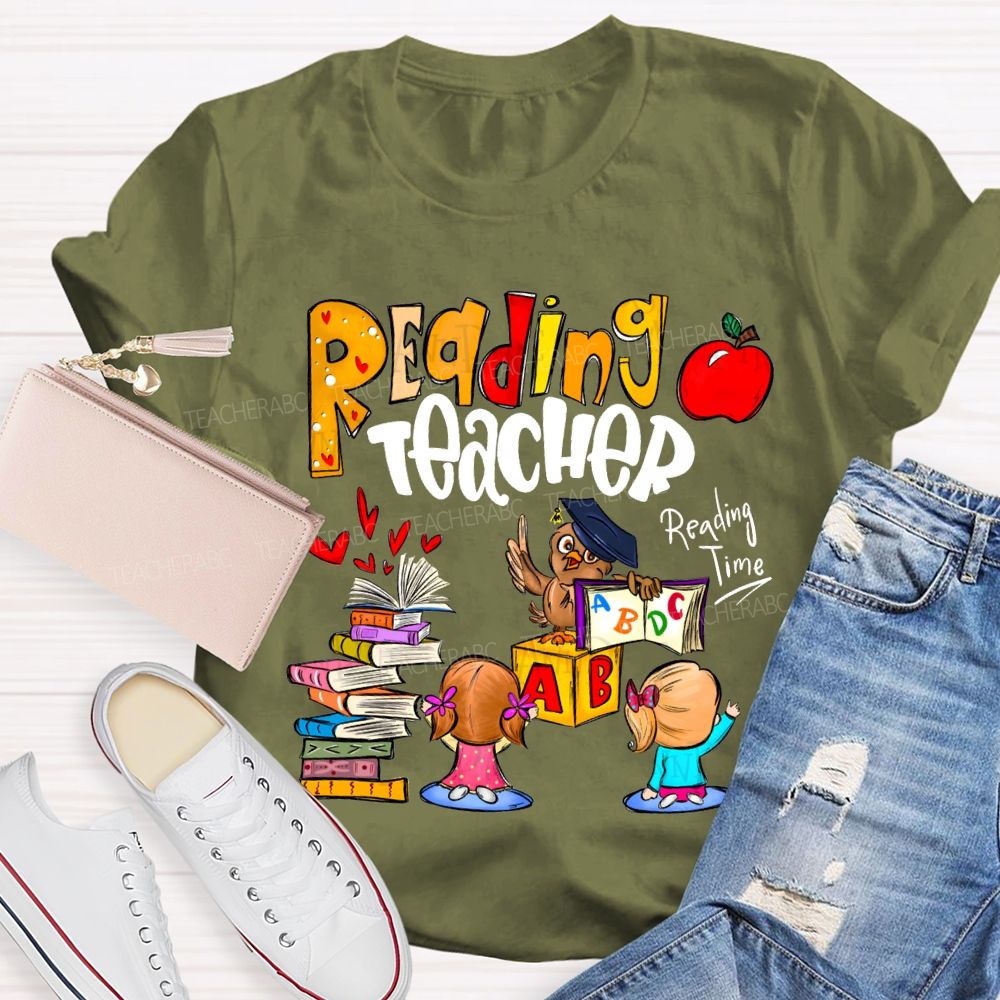 Reading Teacher Reading Time Colorful Book Prints And Apples T-shirt