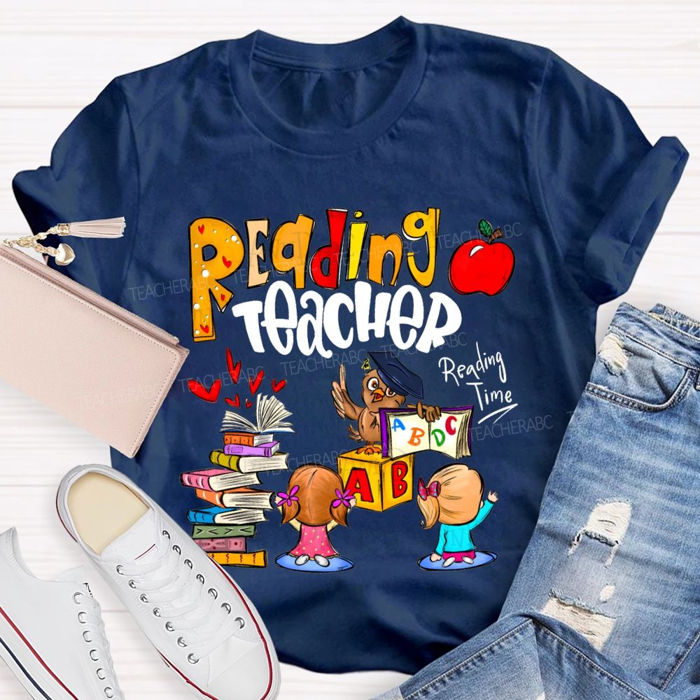 Reading Teacher Reading Time Colorful Book Prints And Apples T-shirt