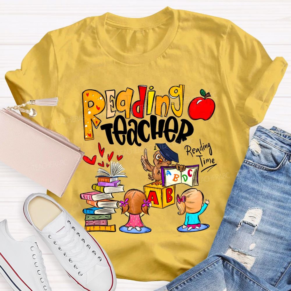 Reading Teacher Reading Time Colorful Book Prints And Apples T-shirt