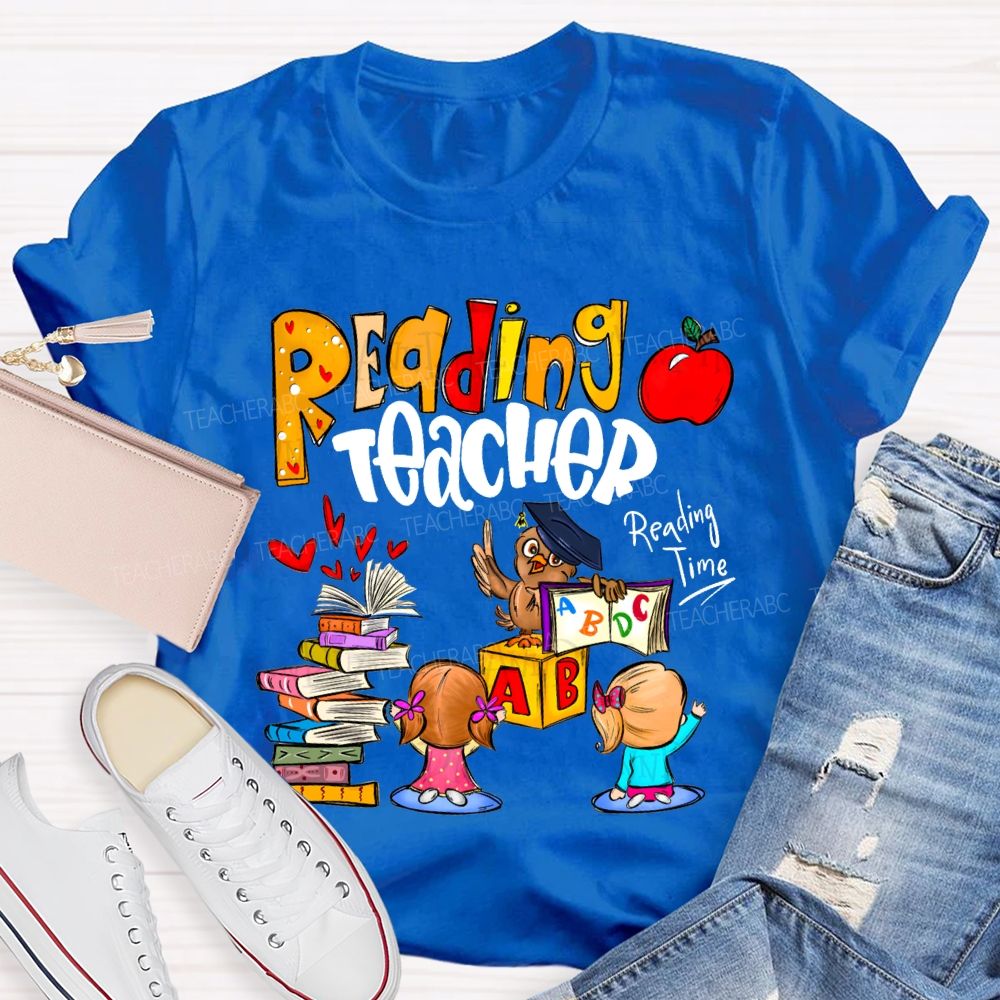 Reading Teacher Reading Time Colorful Book Prints And Apples T-shirt