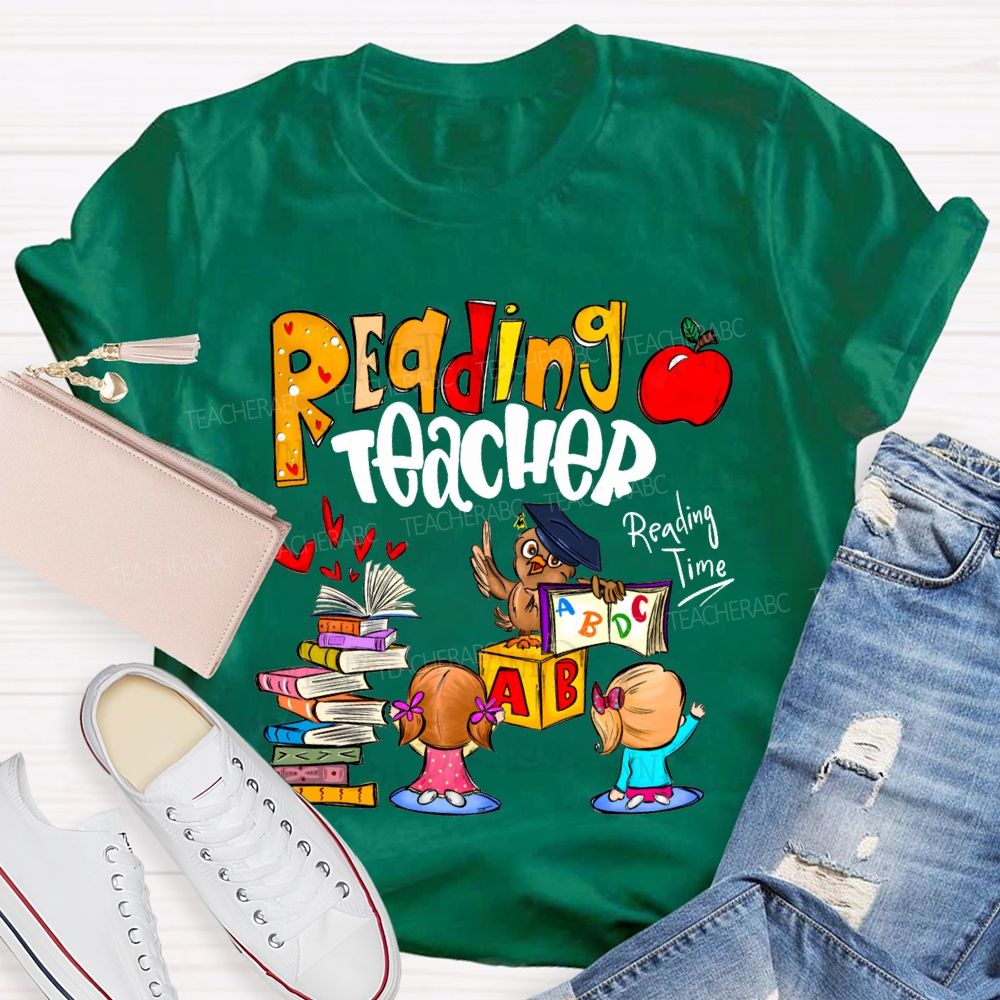 Reading Teacher Reading Time Colorful Book Prints And Apples T-shirt