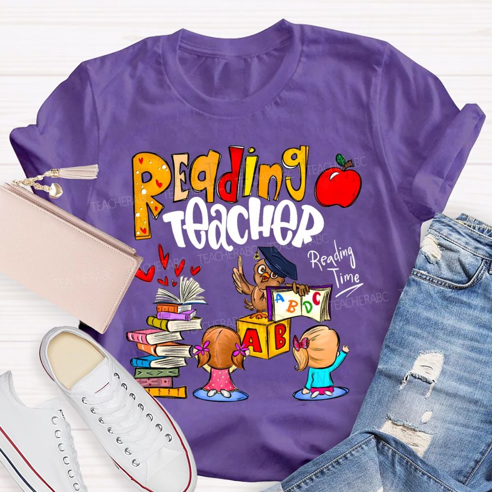 Reading Teacher Reading Time Colorful Book Prints And Apples T-shirt