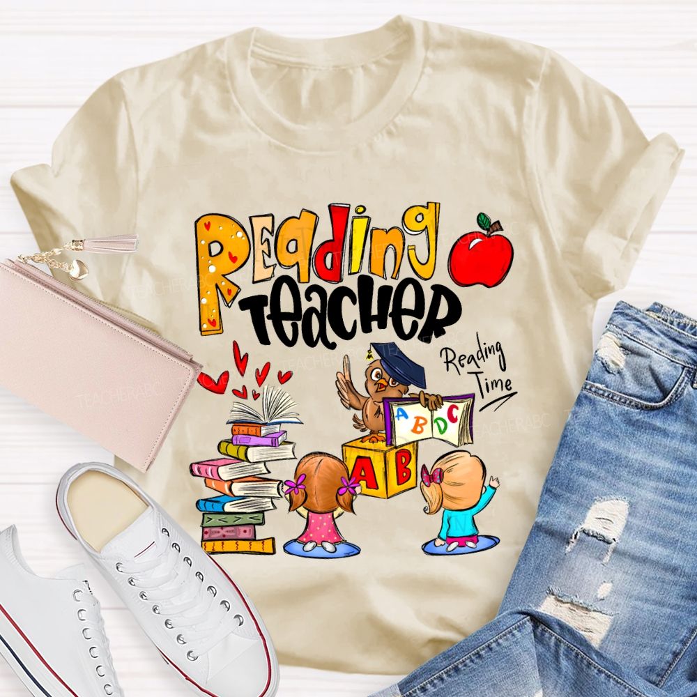Reading Teacher Reading Time Colorful Book Prints And Apples T-shirt