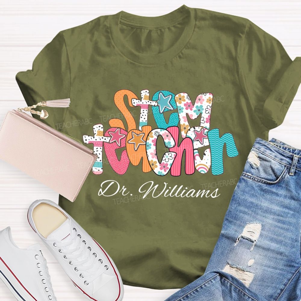 Personalized Name Stem Teacher Floral Print Font T-shirt