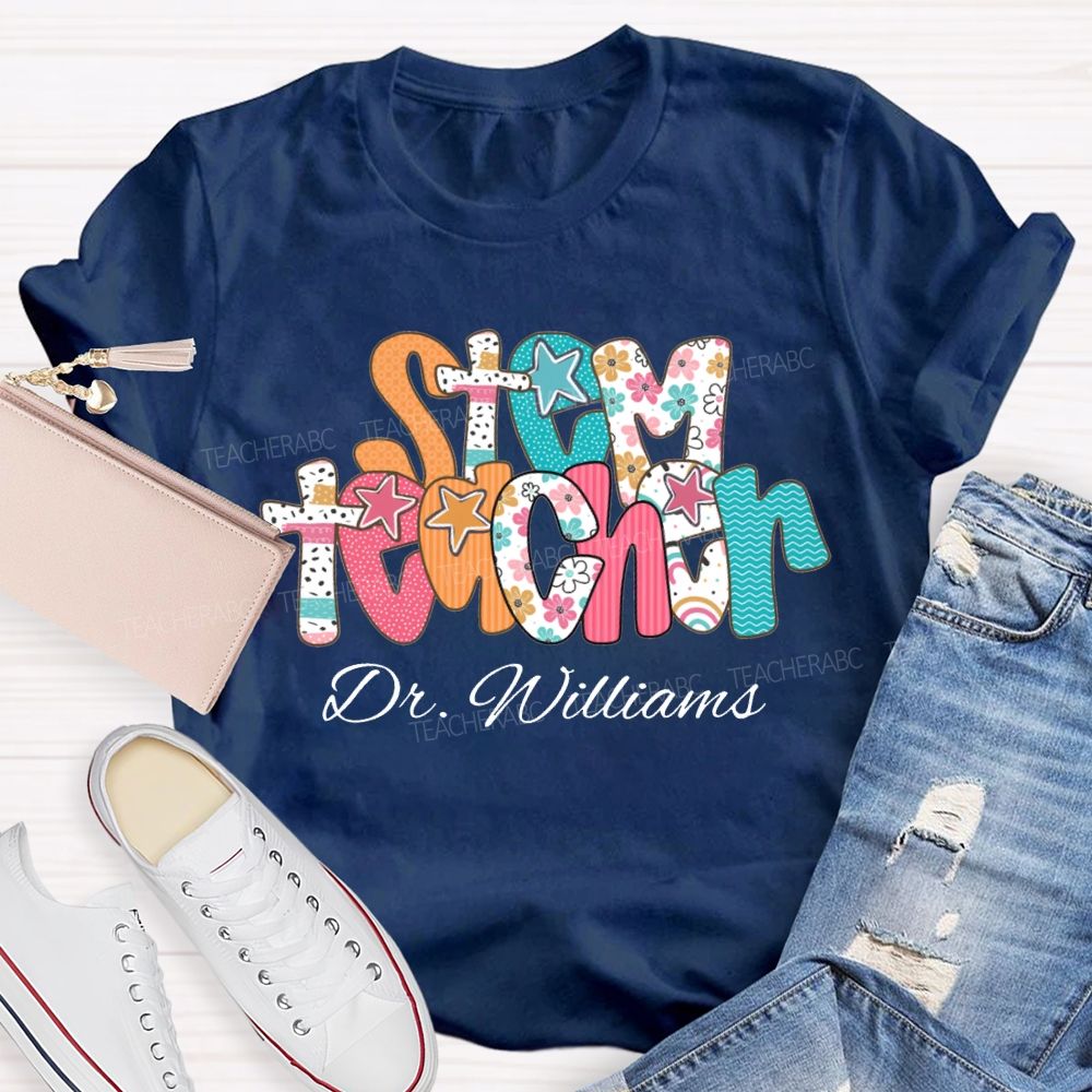 Personalized Name Stem Teacher Floral Print Font T-shirt