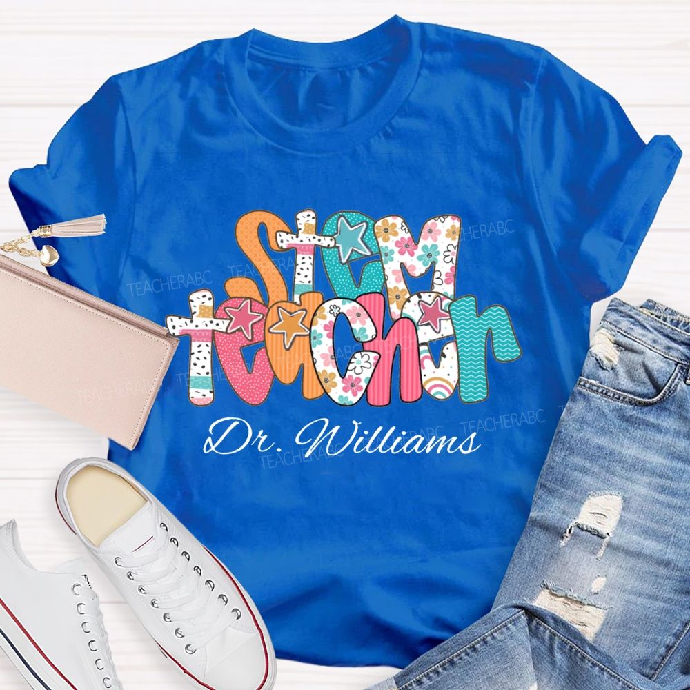 Personalized Name Stem Teacher Floral Print Font T-shirt