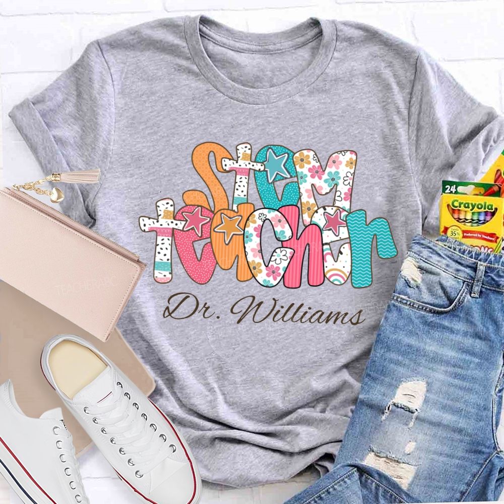 Personalized Name Stem Teacher Floral Print Font T-shirt