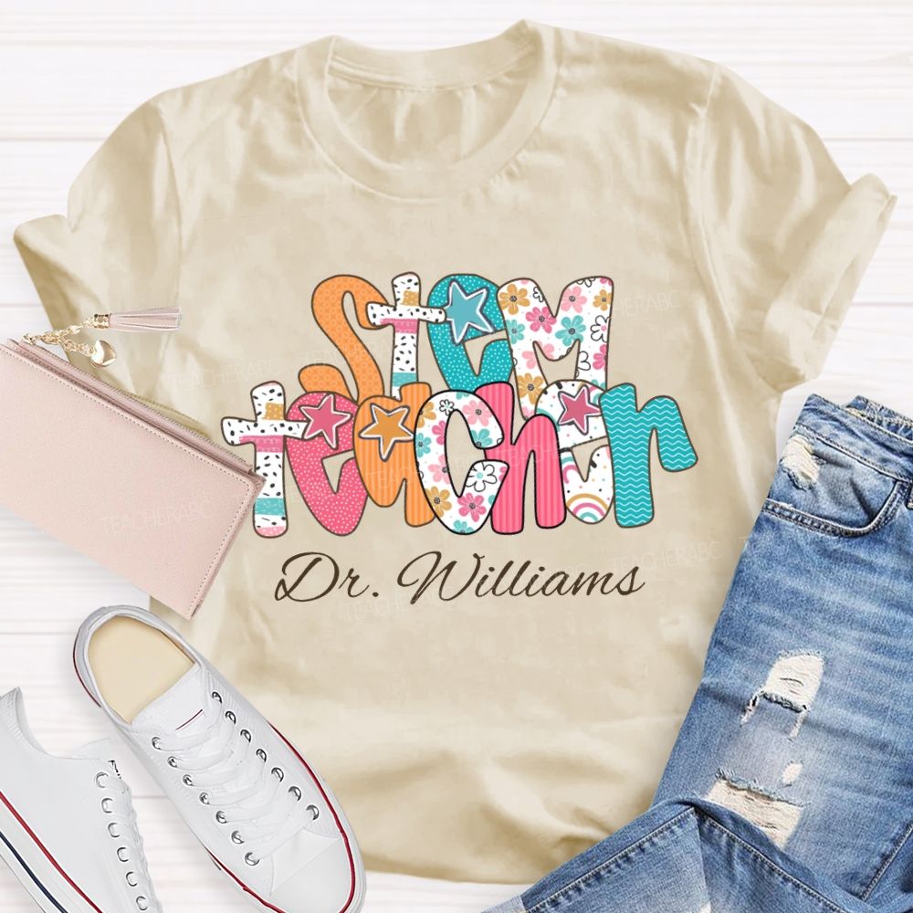 Personalized Name Stem Teacher Floral Print Font T-shirt