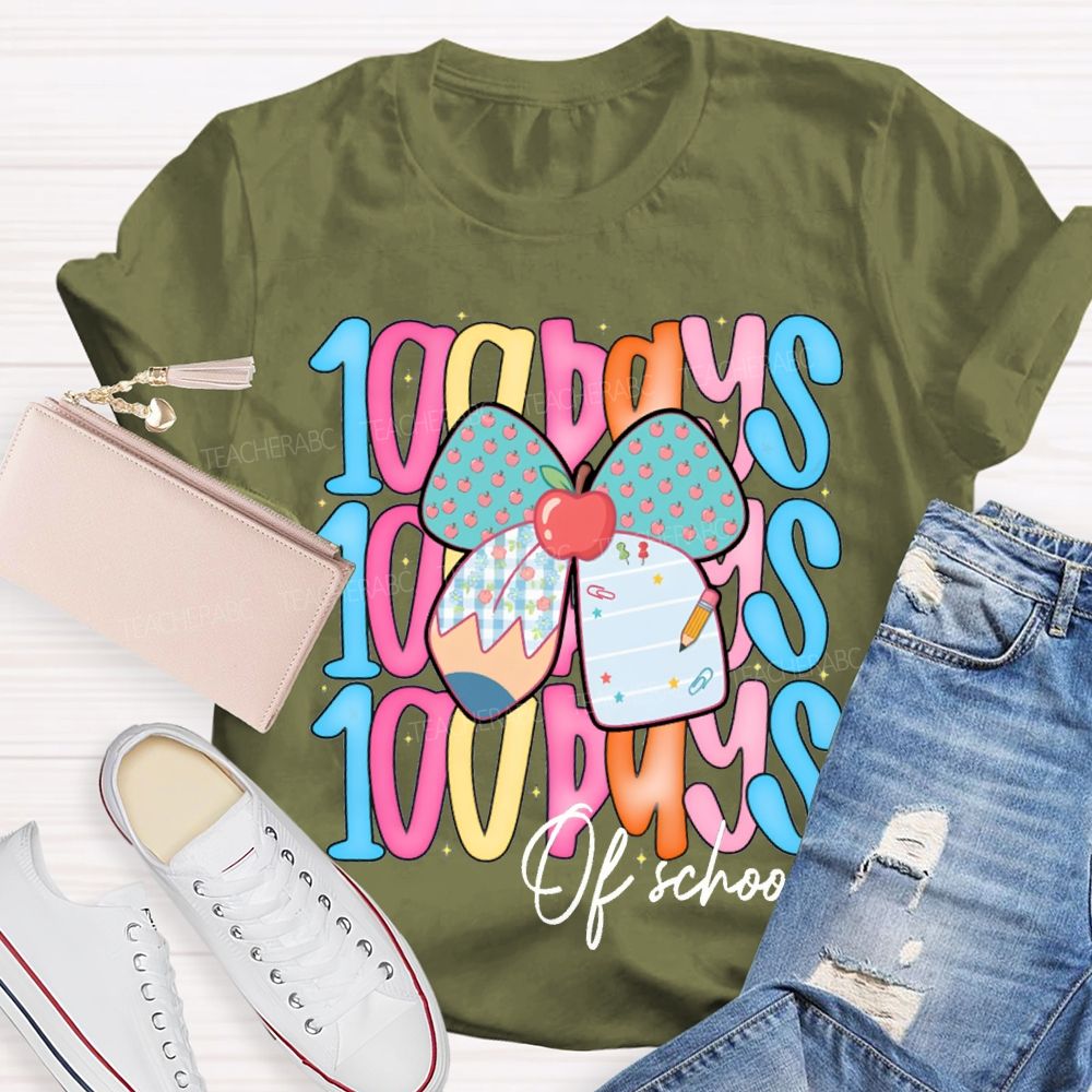 100 Days Of School Colorful Lettering And Apples With Bows T-shirt