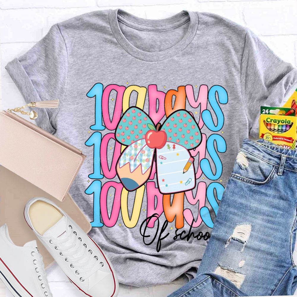 100 Days Of School Colorful Lettering And Apples With Bows T-shirt