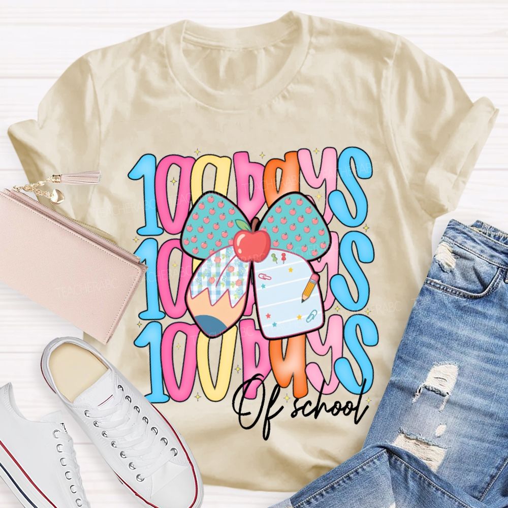 100 Days Of School Colorful Lettering And Apples With Bows T-shirt