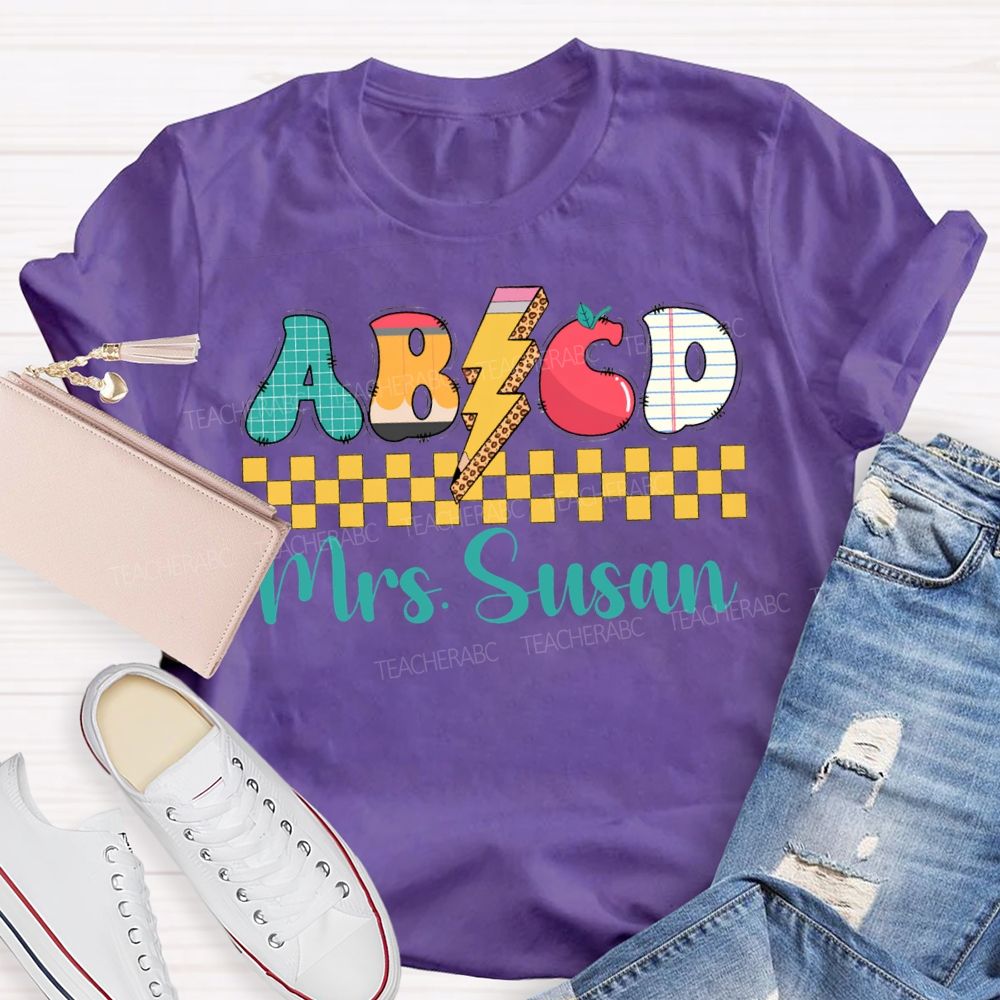 Personalized Name Abcd Colorful Lightning Print Teacher T-shirt