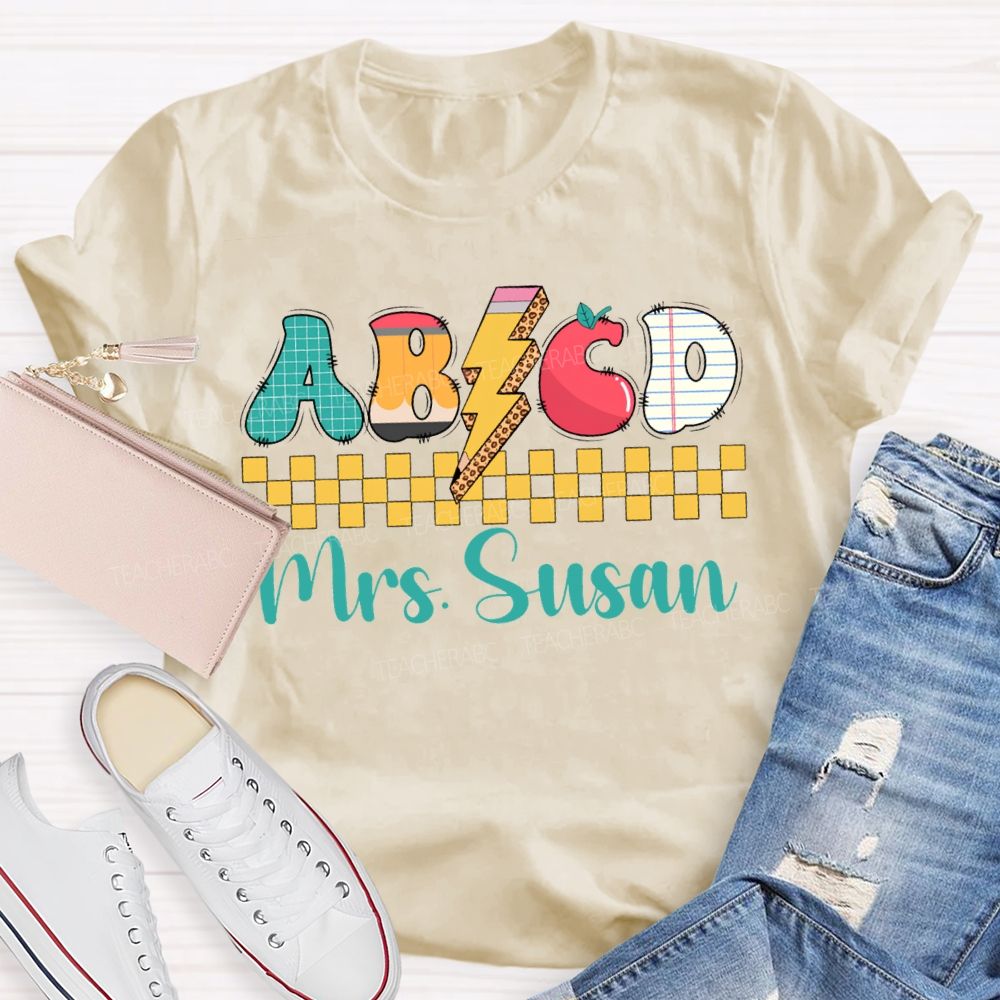 Personalized Name Abcd Colorful Lightning Print Teacher T-shirt