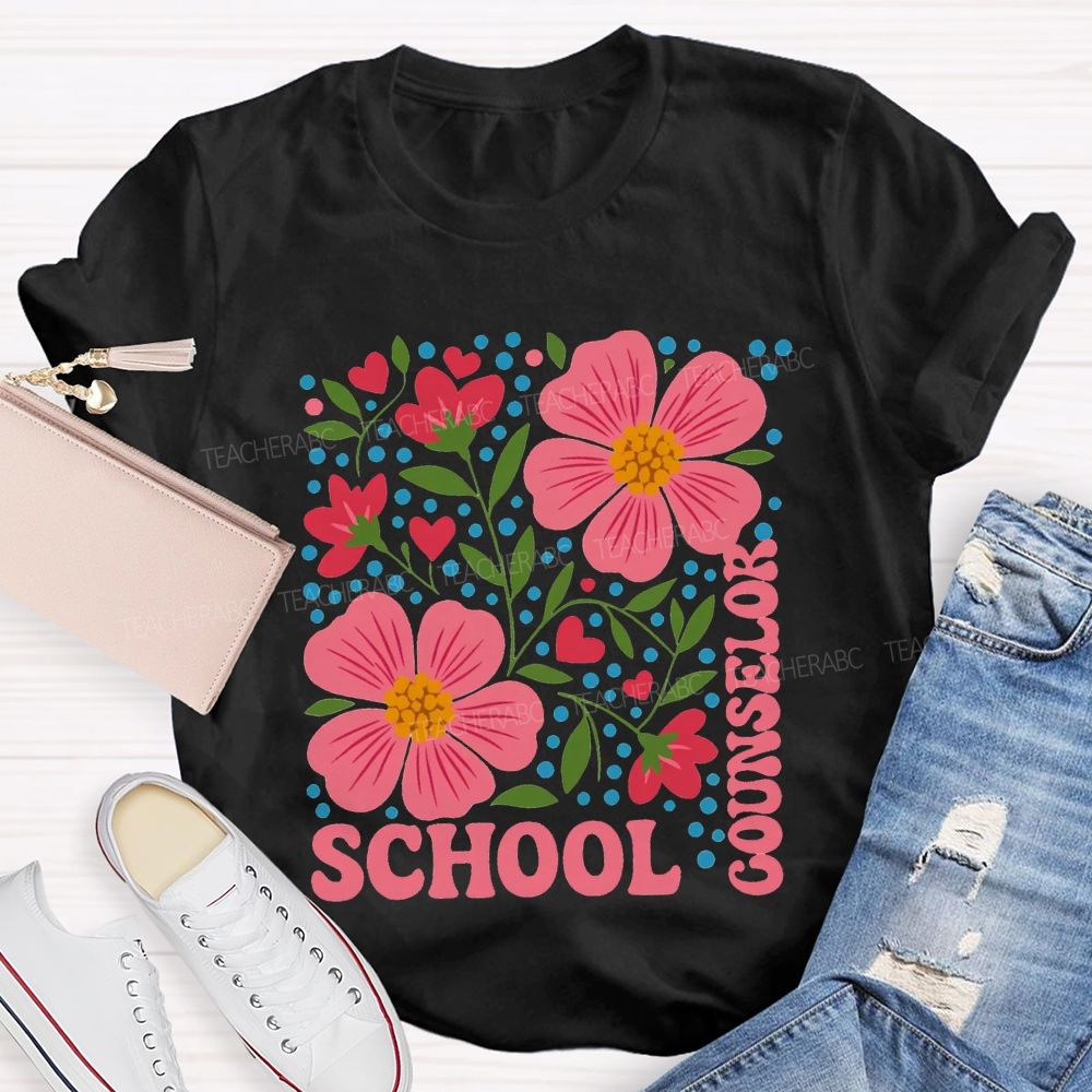 School Counselor Floral And Polka Dot Prints T-shirt