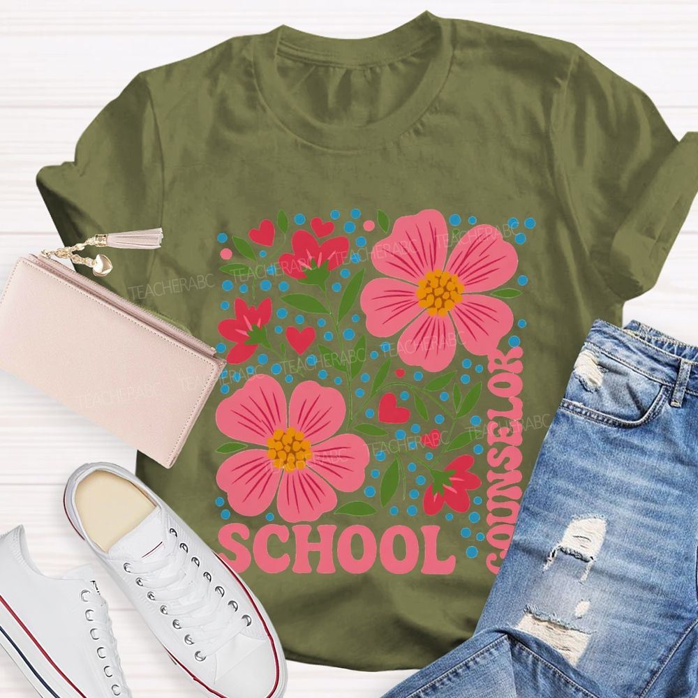 School Counselor Floral And Polka Dot Prints T-shirt