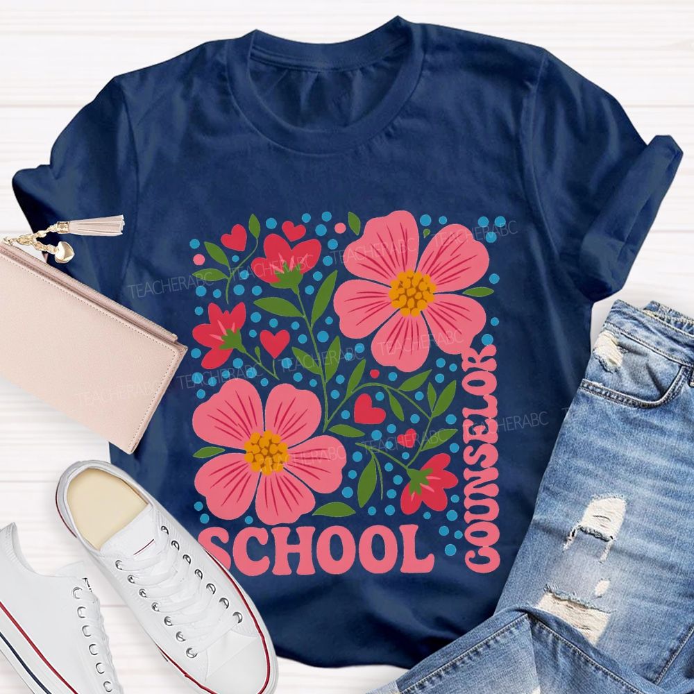 School Counselor Floral And Polka Dot Prints T-shirt