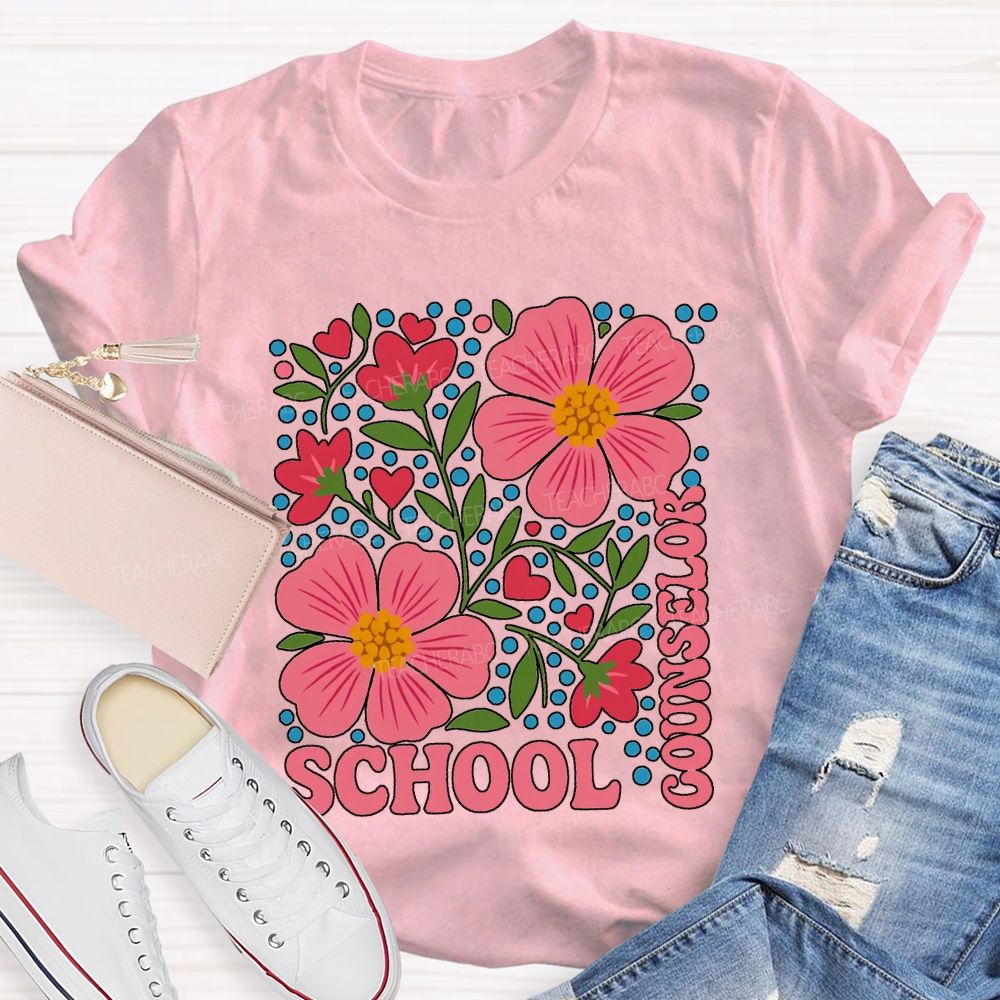 School Counselor Floral And Polka Dot Prints T-shirt