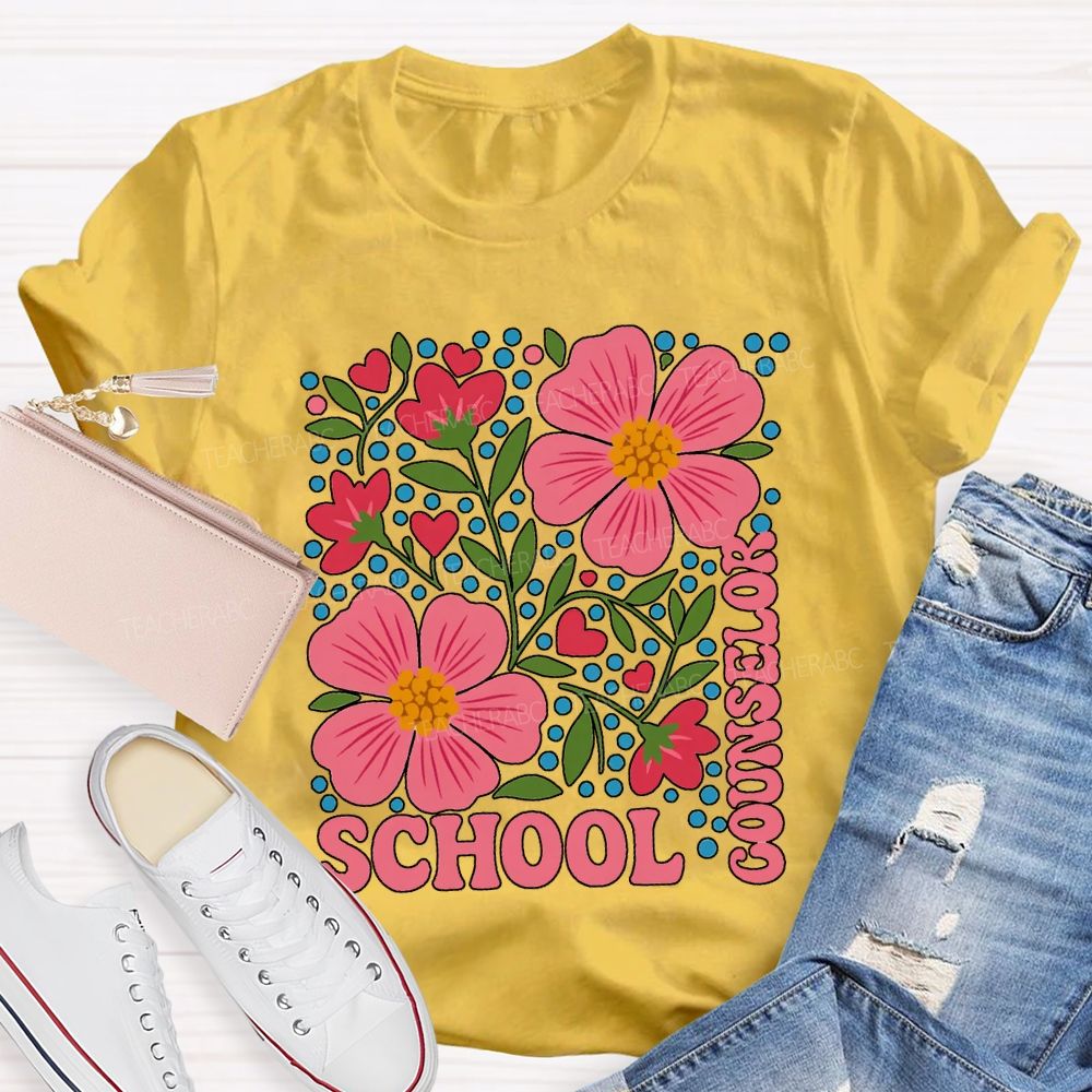 School Counselor Floral And Polka Dot Prints T-shirt