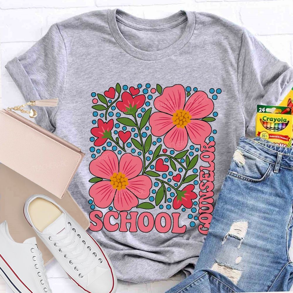School Counselor Floral And Polka Dot Prints T-shirt