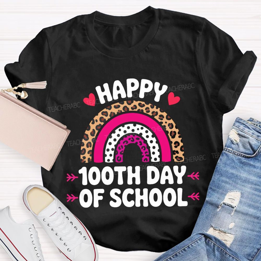 Happy 100th Day Of School Leopard Print And Polka Dot Print T-shirt