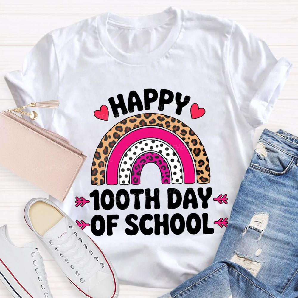 Happy 100th Day Of School Leopard Print And Polka Dot Print T-shirt