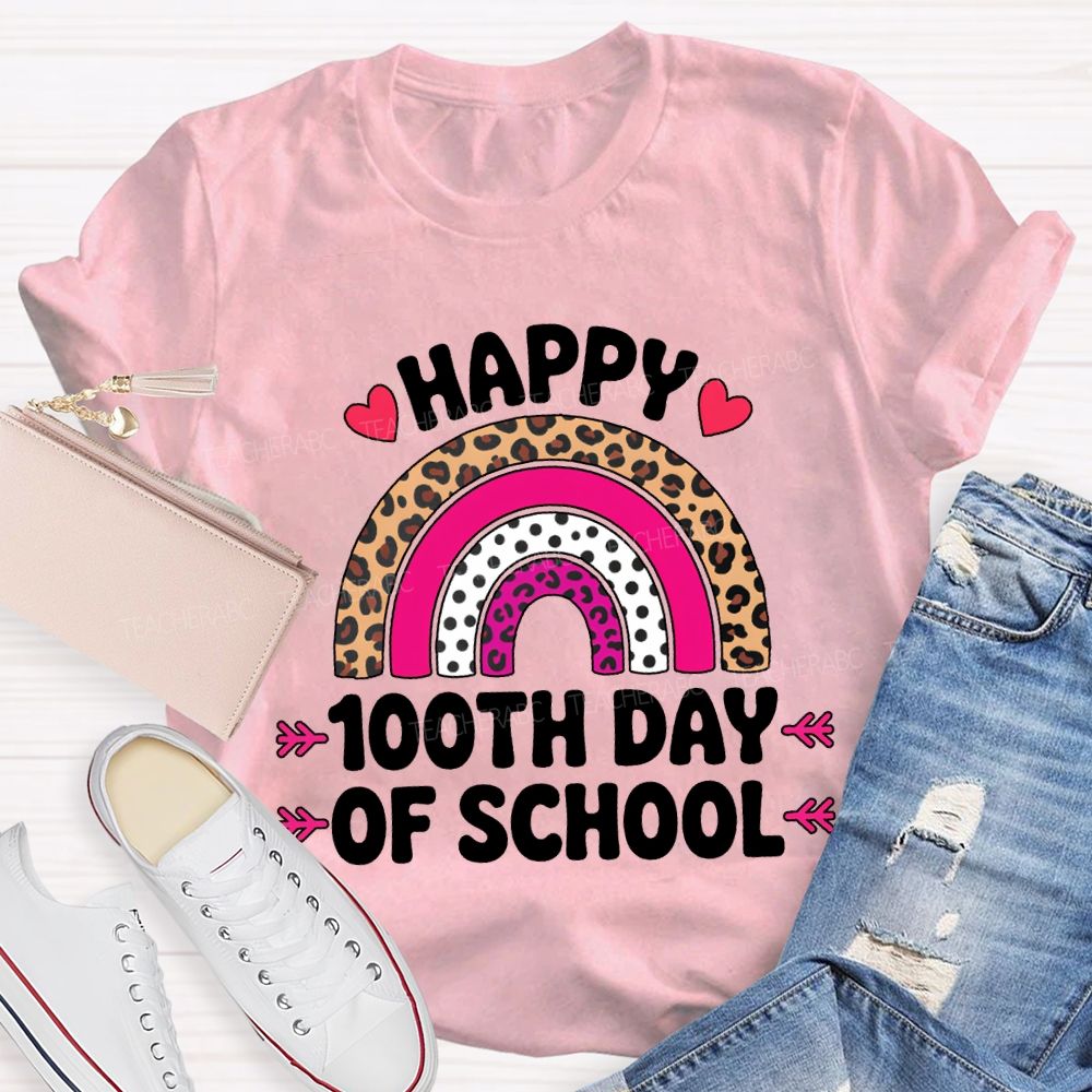 Happy 100th Day Of School Leopard Print And Polka Dot Print T-shirt