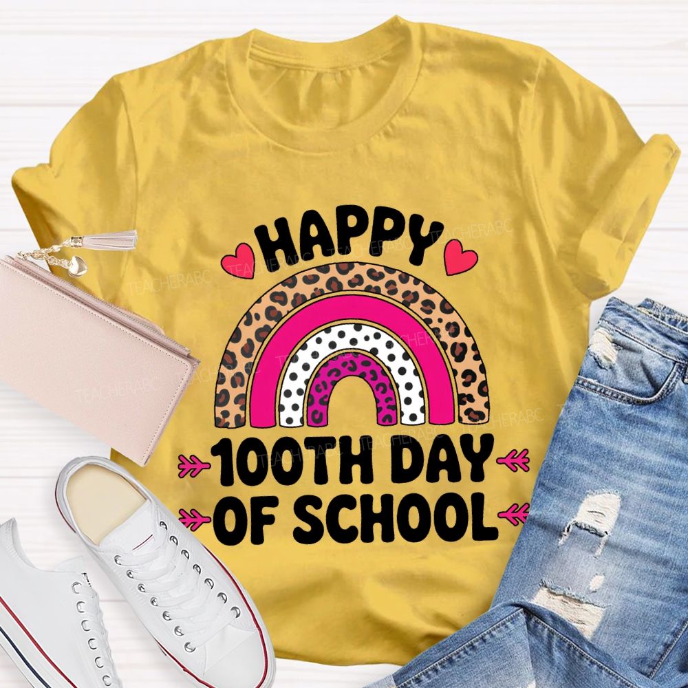 Happy 100th Day Of School Leopard Print And Polka Dot Print T-shirt