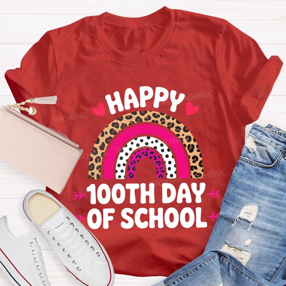 Happy 100th Day Of School Leopard Print And Polka Dot Print T-shirt