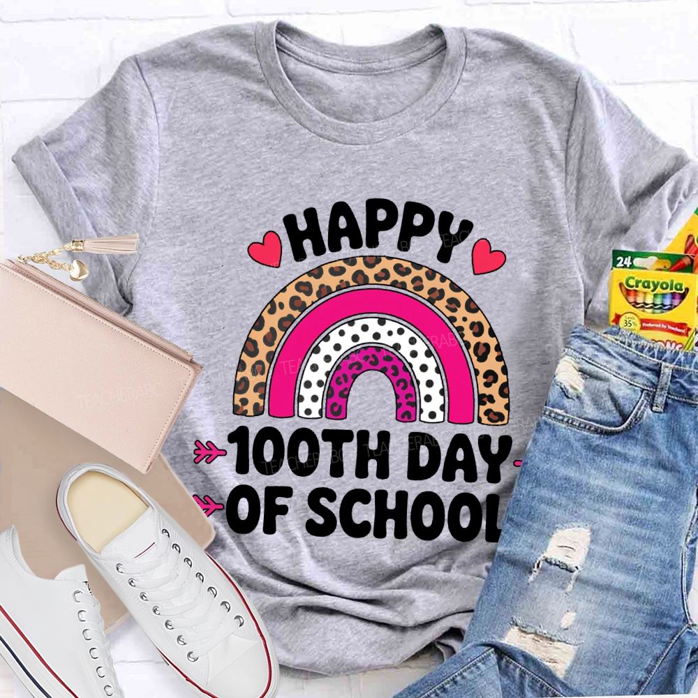Happy 100th Day Of School Leopard Print And Polka Dot Print T-shirt