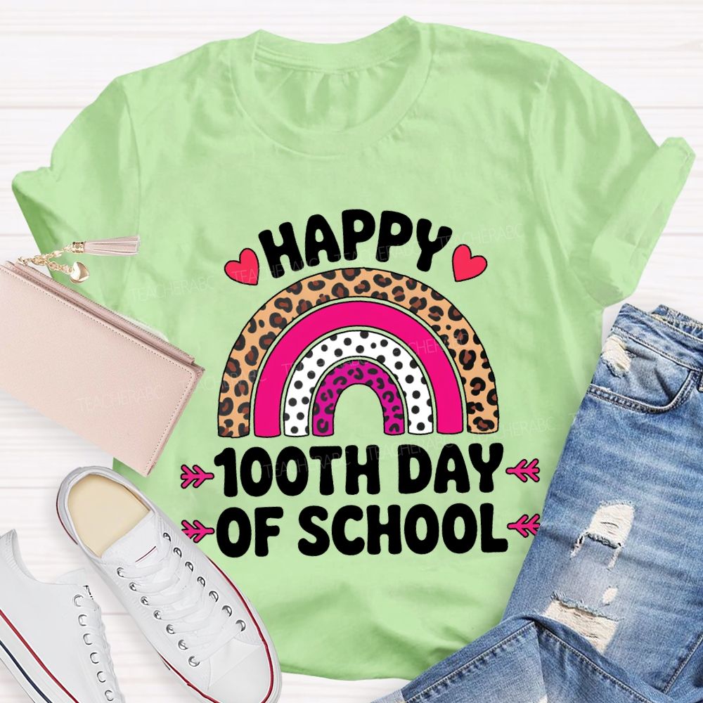 Happy 100th Day Of School Leopard Print And Polka Dot Print T-shirt