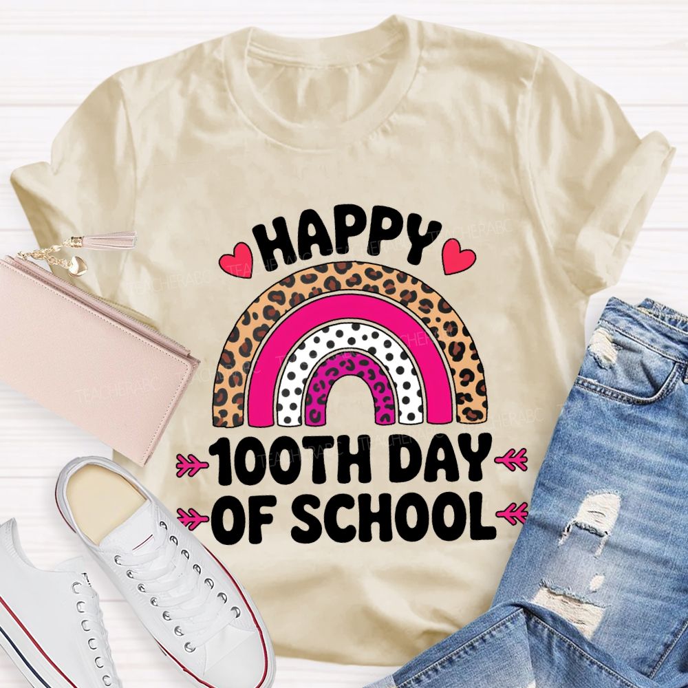 Happy 100th Day Of School Leopard Print And Polka Dot Print T-shirt